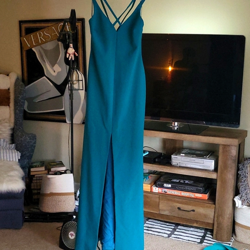 Likely Designer brand Teal Fitted Waist Gown with sexy front slit! SZ 8